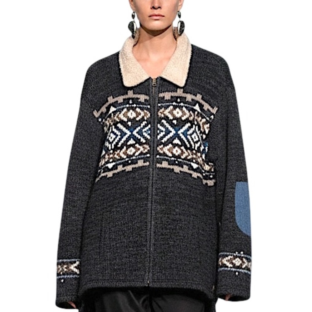 Laundromat pure wool made in Nepal grey fair isle fleece lined sweater coat XXL